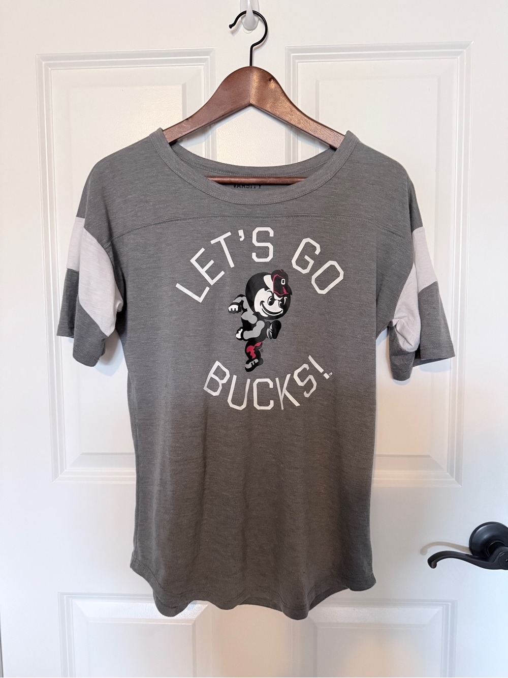 Let’s Go Bucks! Gray Graphic Tee with White Sleeve Panels